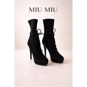 Miu Miu Suede Slouchy Platform Ankle Boots Black Lace Up Stiletto Heel 8.5-9 39